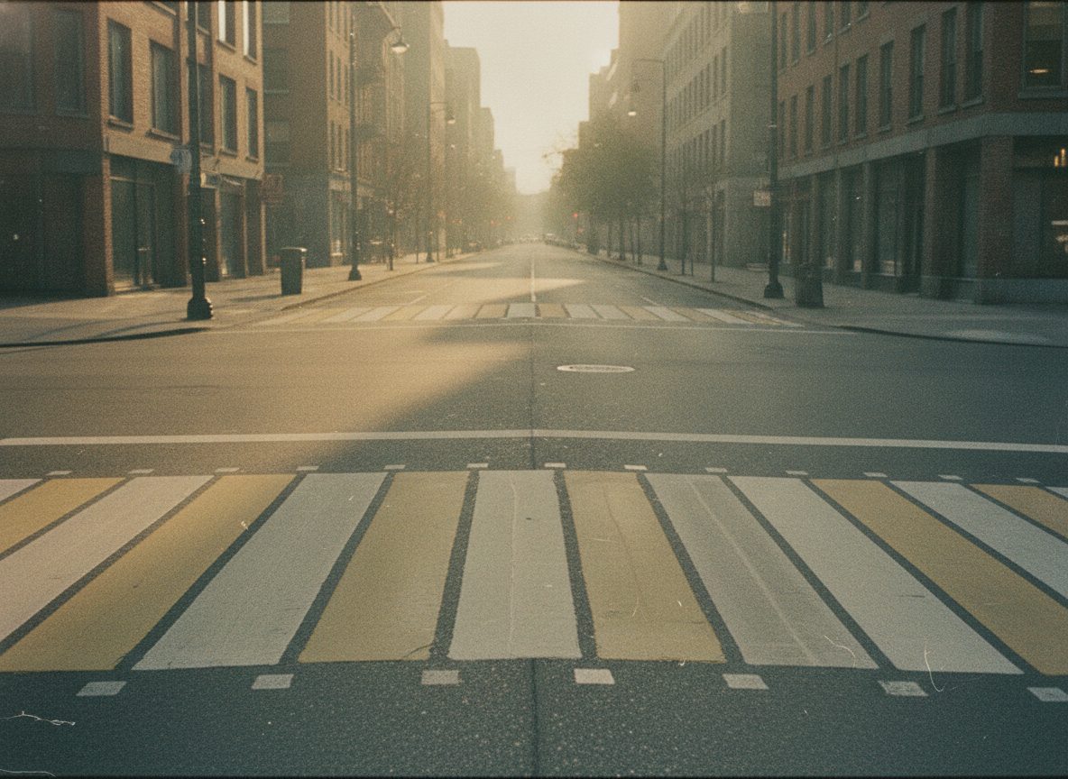 An empty striped pedestrian crossing on a quiet morning street, long shadows, warm vintage light