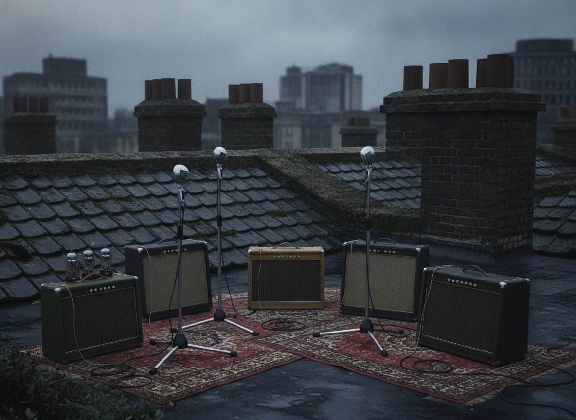 A gray city rooftop with amplifiers and microphone stands under an overcast sky, no people