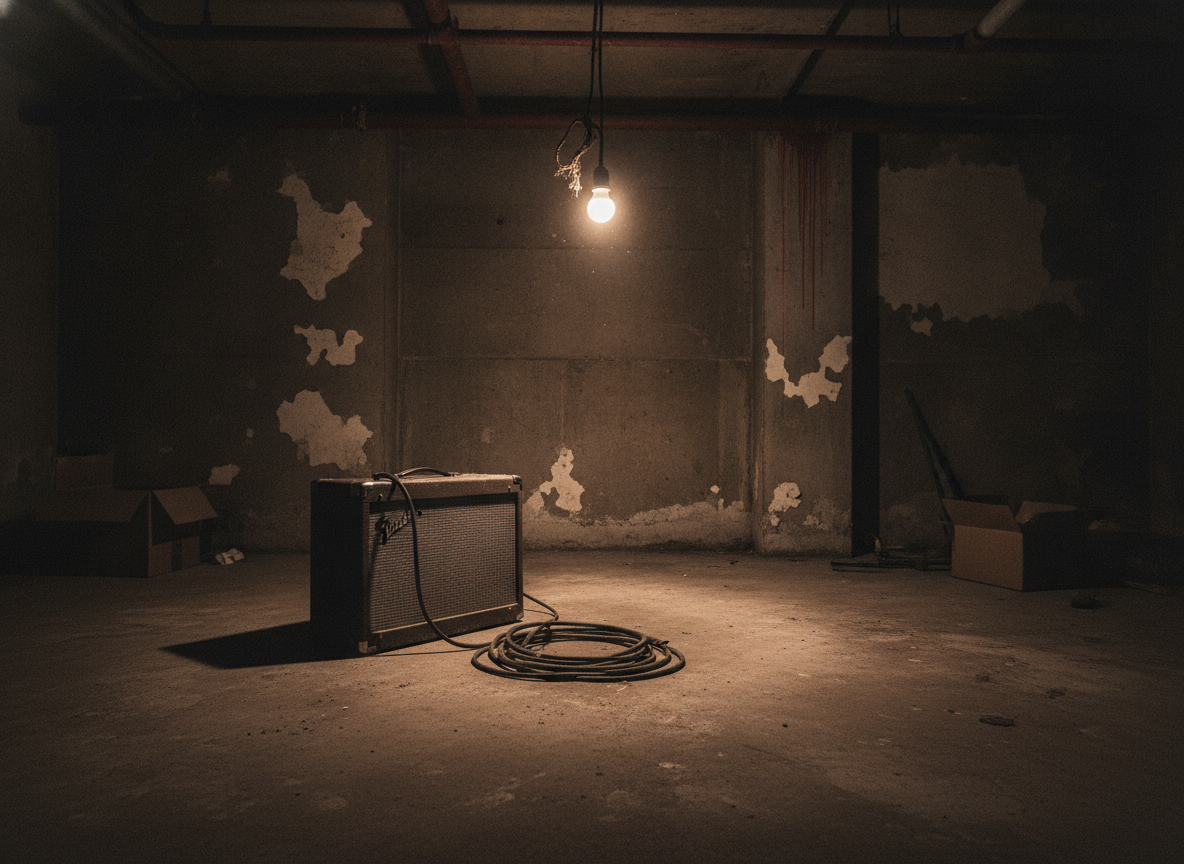 A dim rust-belt basement lit by a single bare bulb, with a guitar amplifier and coiled cables on a concrete floor