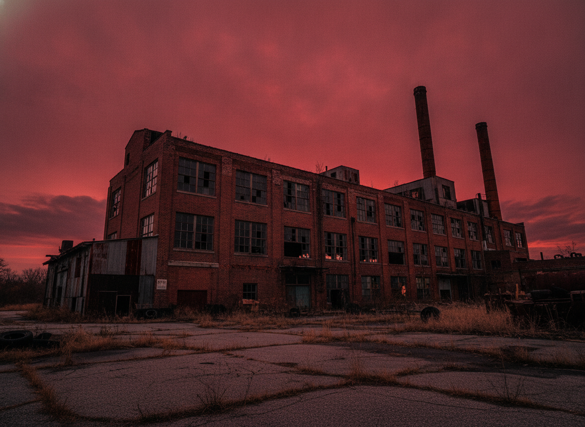 A weathered brick rust-belt factory exterior at dusk with broken windows and a red-tinged sky