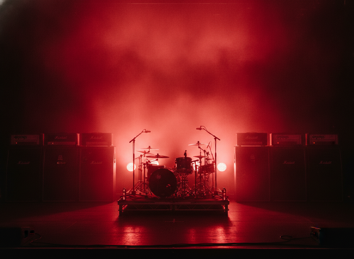 A red-lit stage with a guitar amplifier stack and a drum kit silhouetted against haze