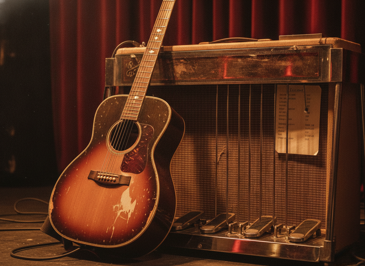 Acoustic and pedal steel guitars resting against a vintage amplifier under warm amber stage light
