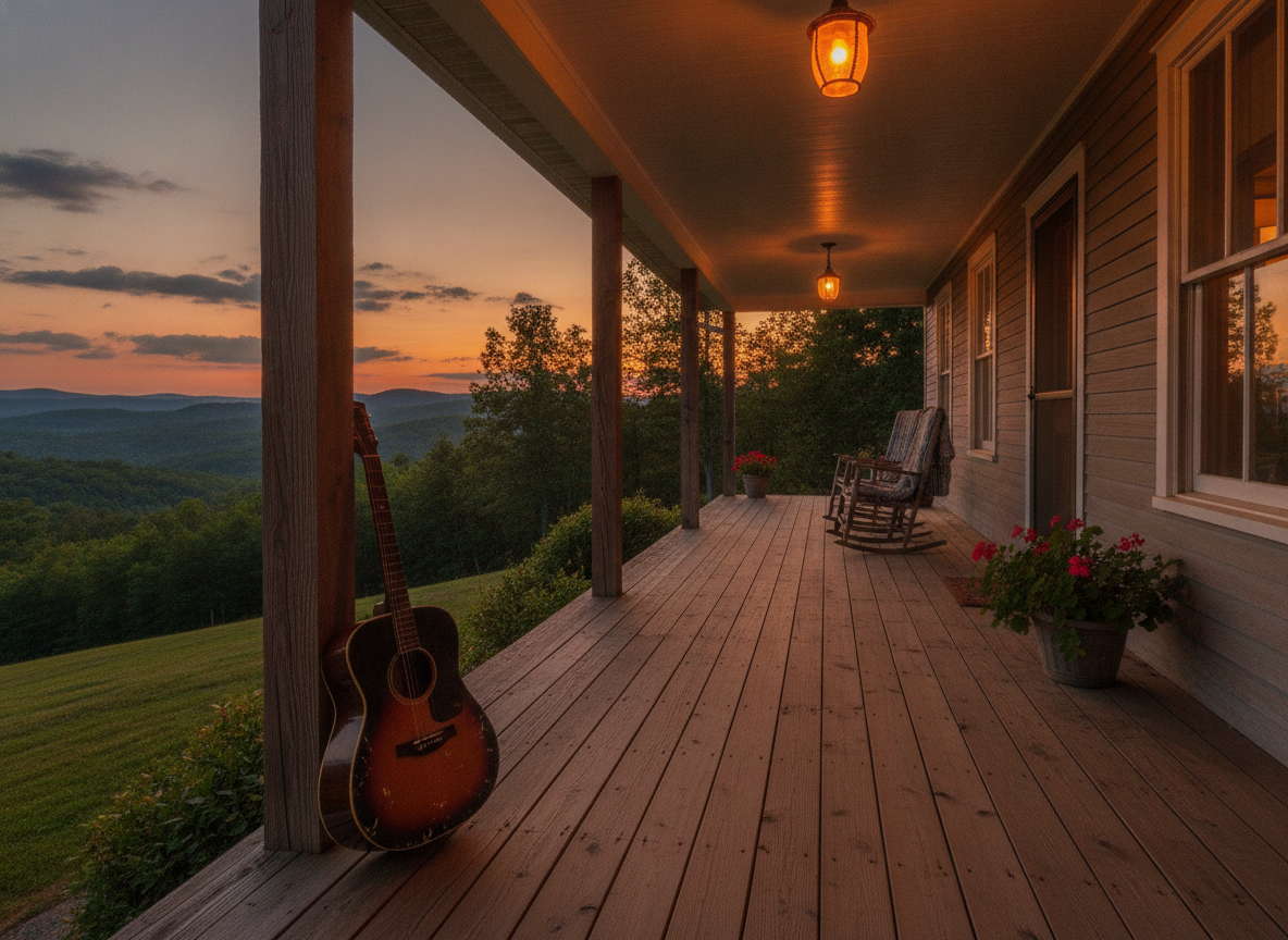 A weathered wooden porch and acoustic guitar at dusk in the East Tennessee hills
