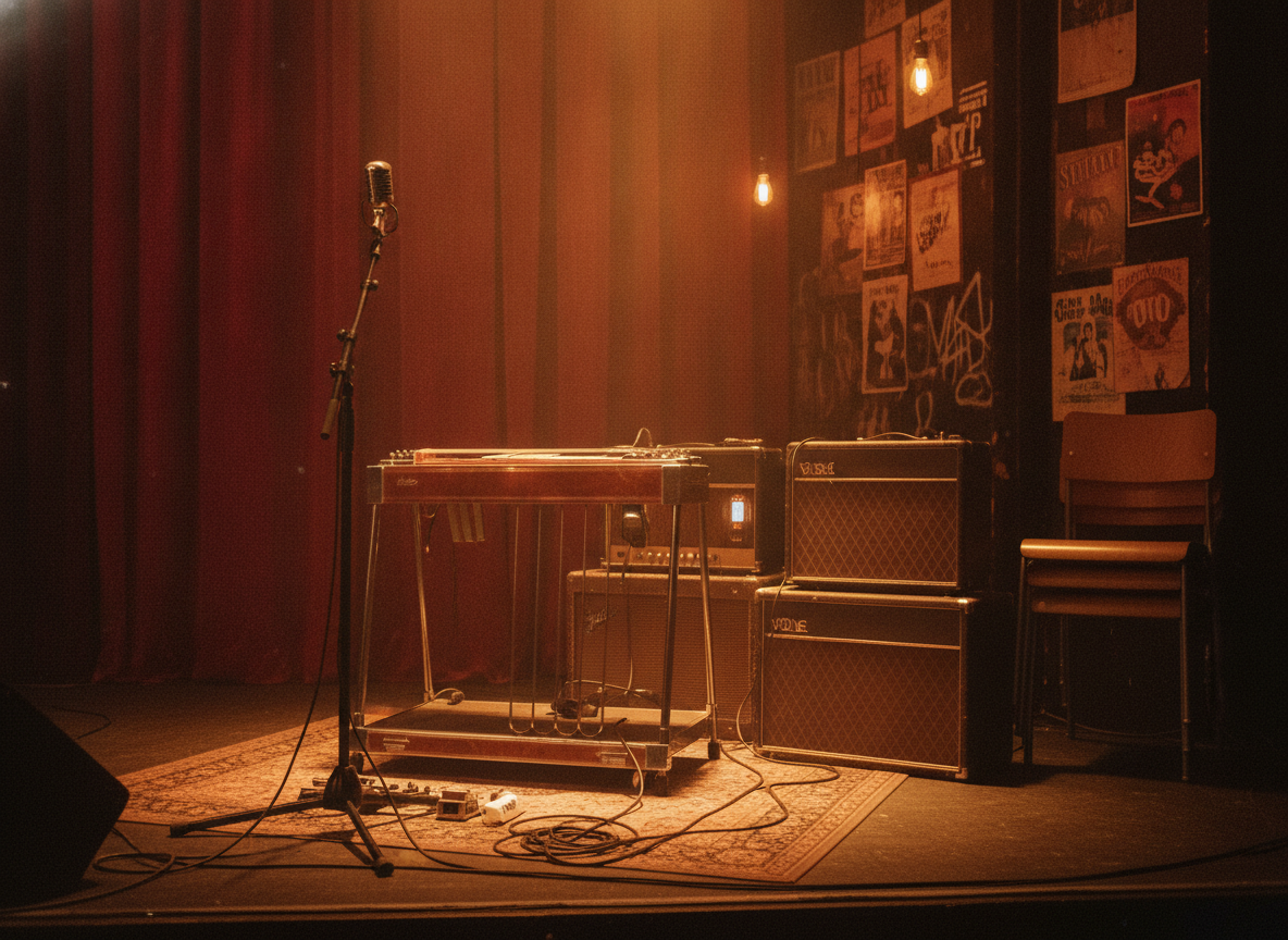A warmly lit roots-music stage with vintage amplifiers and a pedal steel guitar in amber light