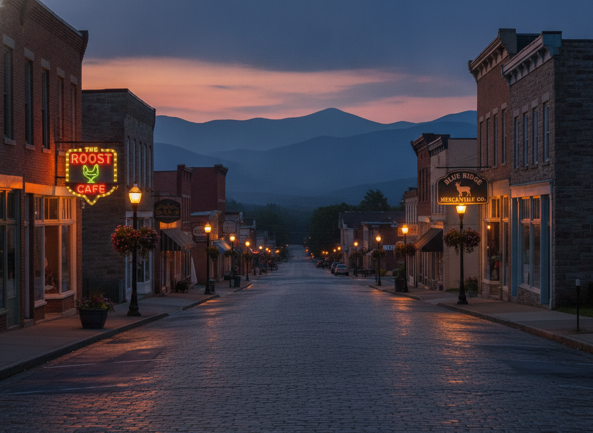 A warm evening view of a mountain town main street with glowing signs and blue ridges beyond