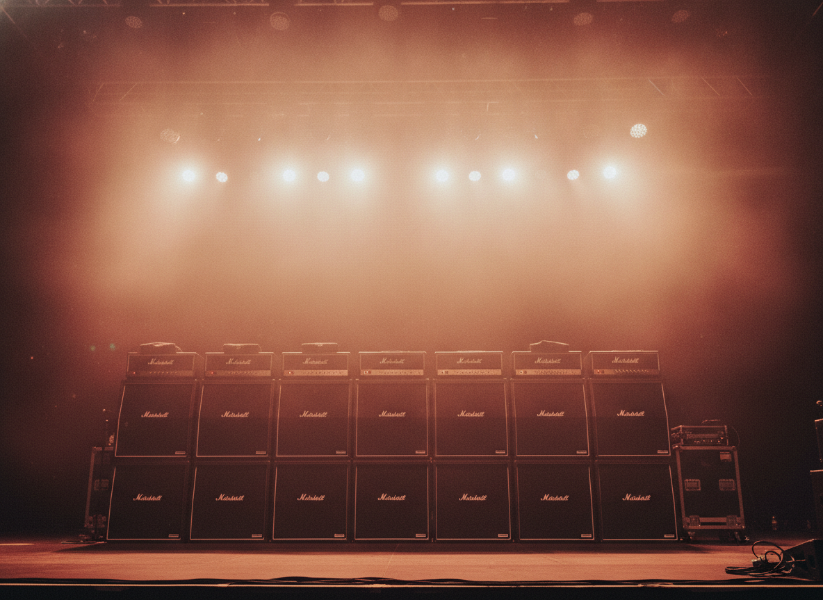 Warm magenta and gold stage lights glowing through haze above a bank of amplifiers