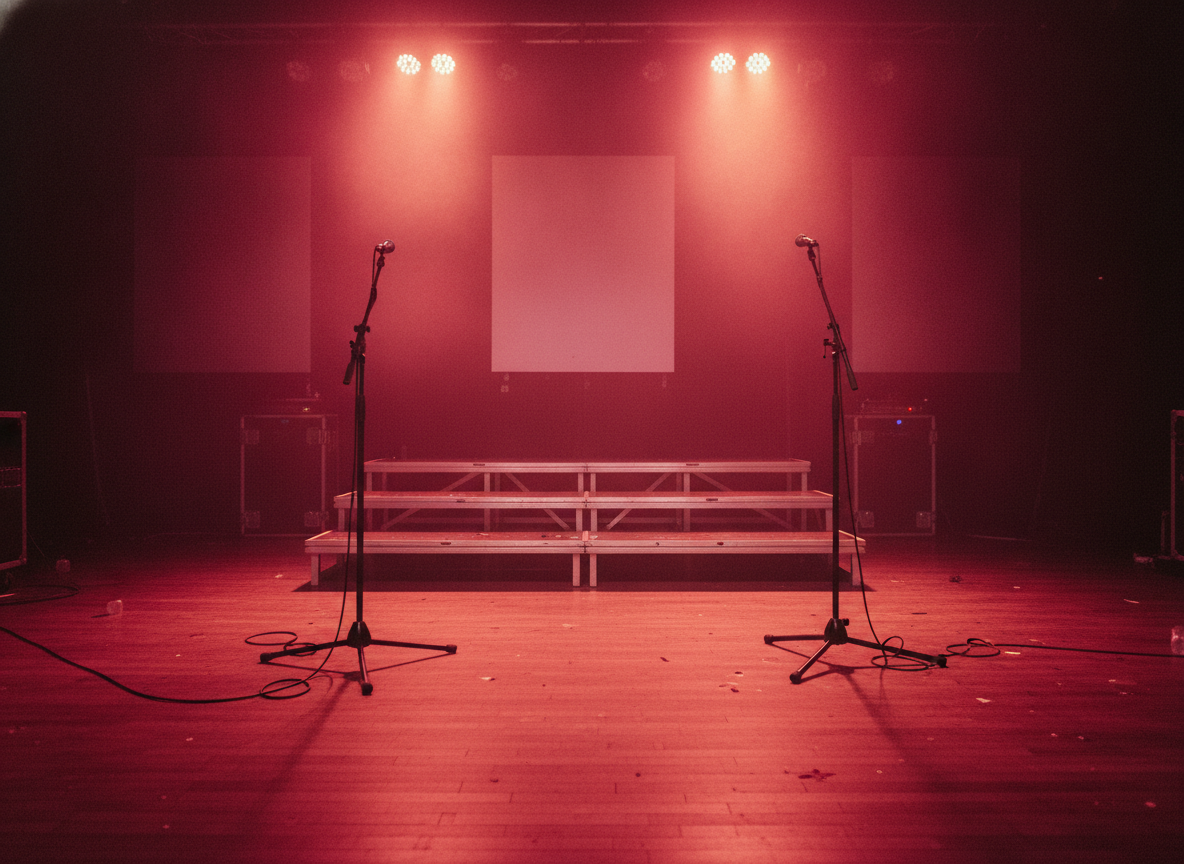 A club stage washed in deep magenta and gold light with microphone stands and an empty drum riser