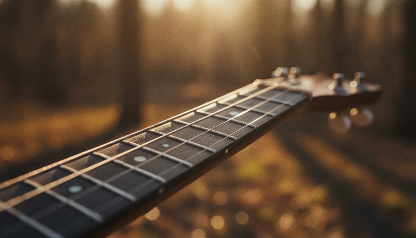 Close-up of a five-string banjo neck and strings in warm golden light