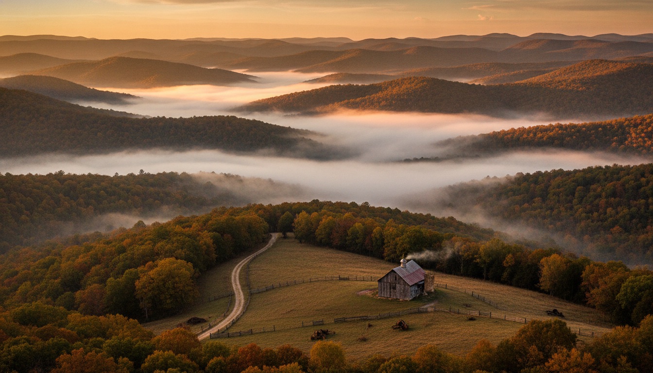 Rolling Ozark mountains in Missouri at golden hour with mist in the hollows