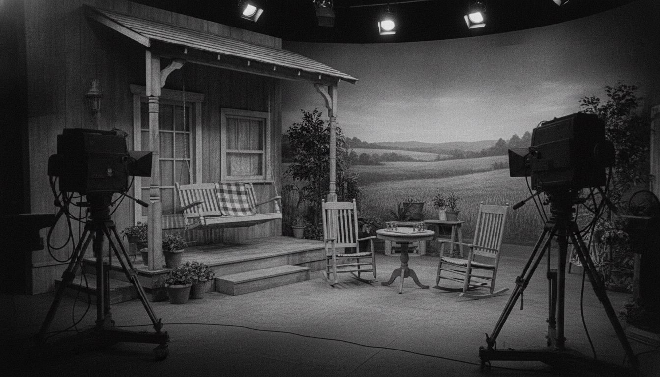 A 1960s television studio set made to look like a rustic country porch with vintage cameras