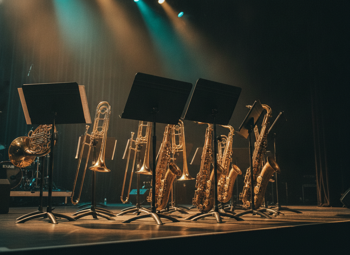 A brass and saxophone horn section resting on stands under warm teal and gold stage light