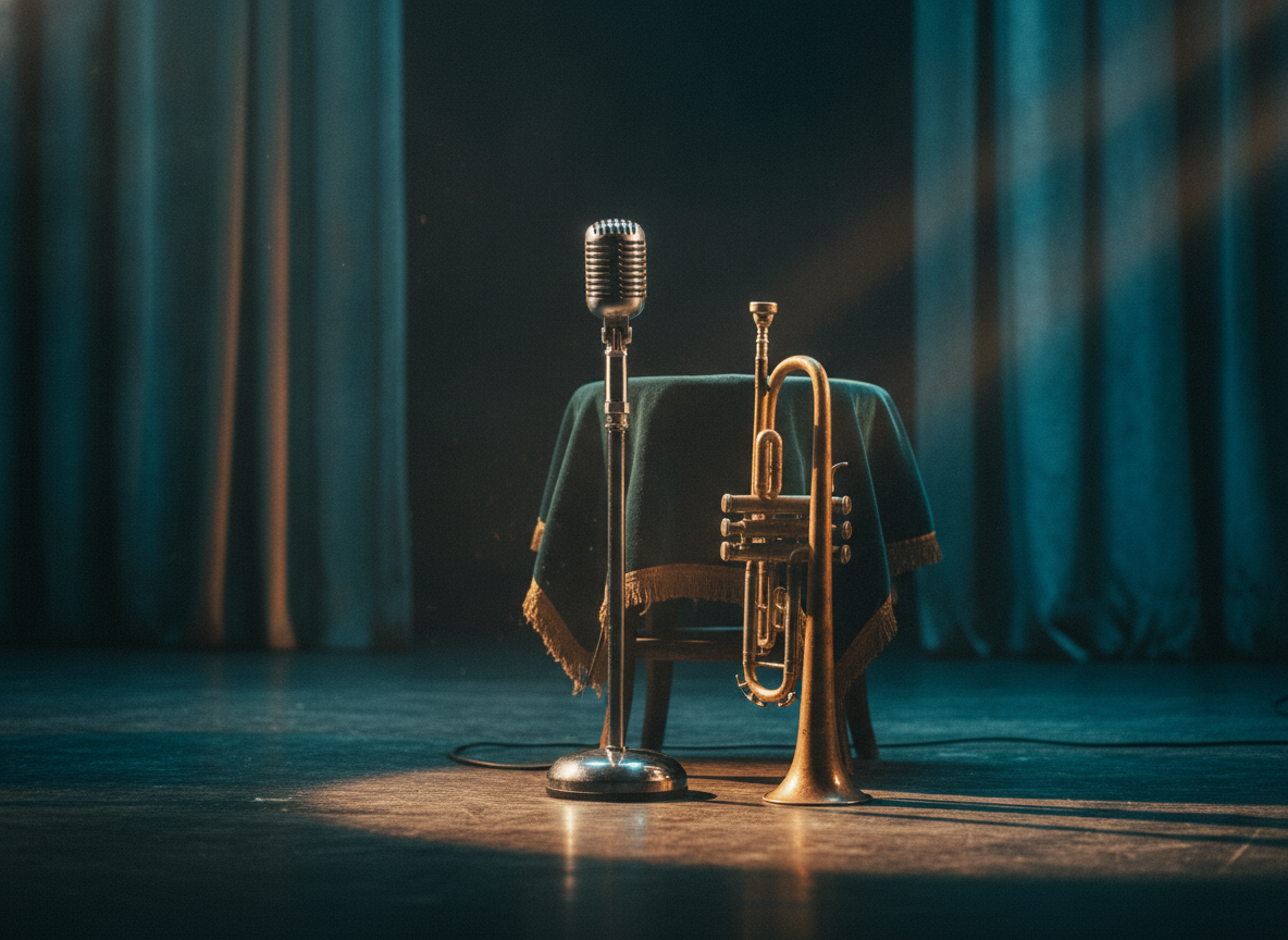 A vintage microphone and brass instrument on a dim stage washed in teal and gold light