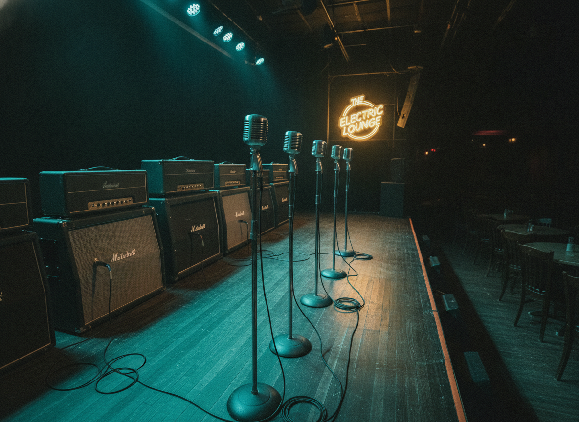 An empty club stage with vintage amplifiers and microphone stands lit in teal and warm gold