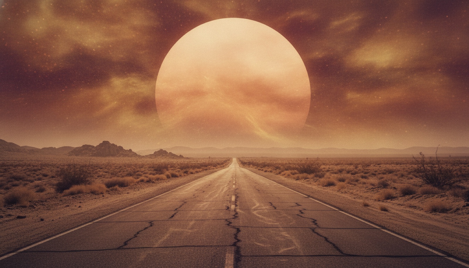 An empty desert highway shimmering with heat under a huge burnt-orange sun