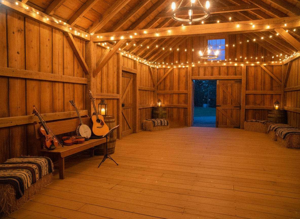 A warm wooden barn interior lit for an evening dance, fiddle and instruments resting on a bench