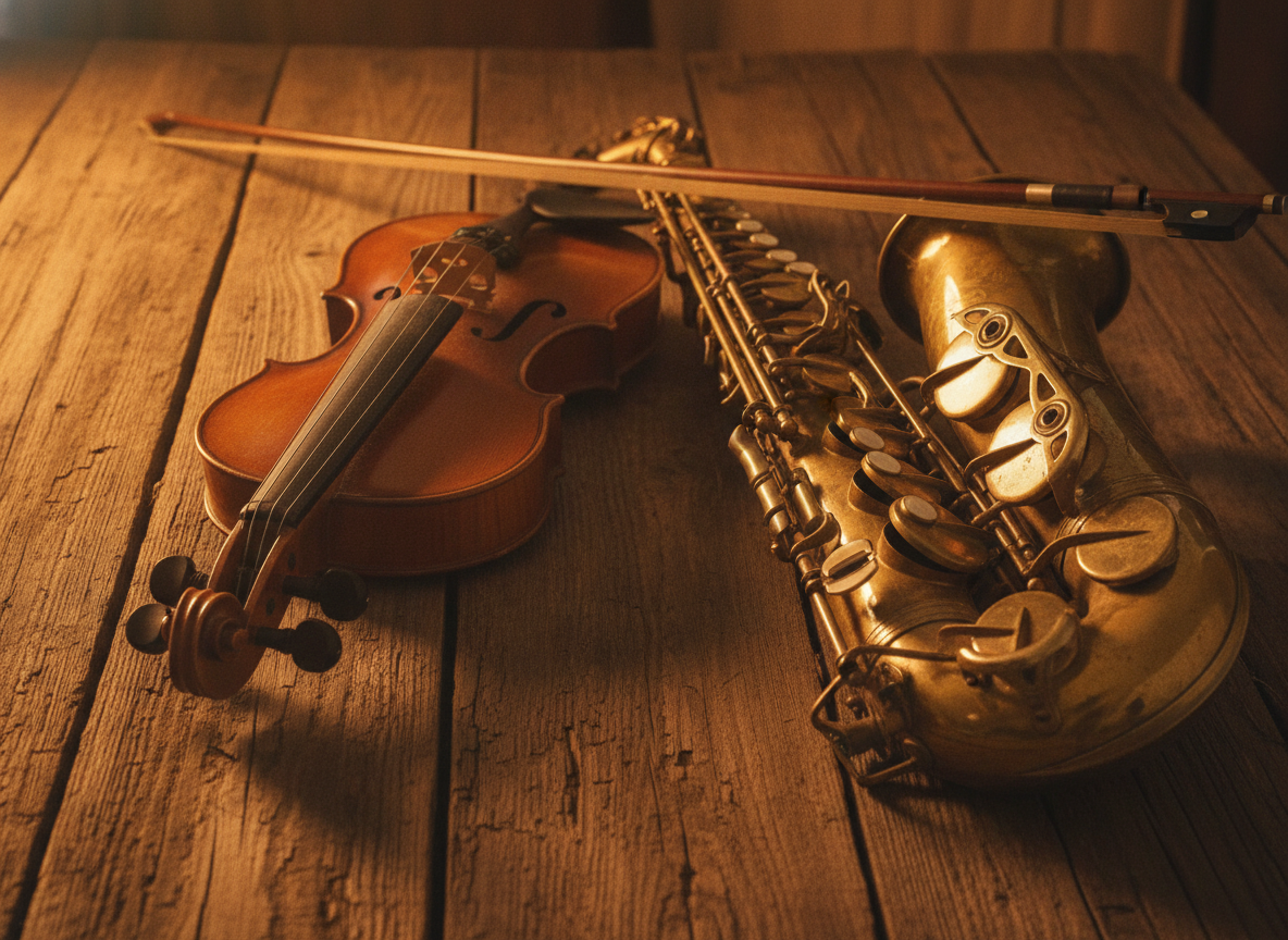 A close view of a fiddle and a saxophone resting together on worn wood in warm amber light