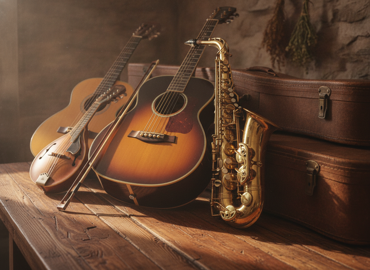 Acoustic string instruments and a saxophone arranged on warm weathered wood in soft light