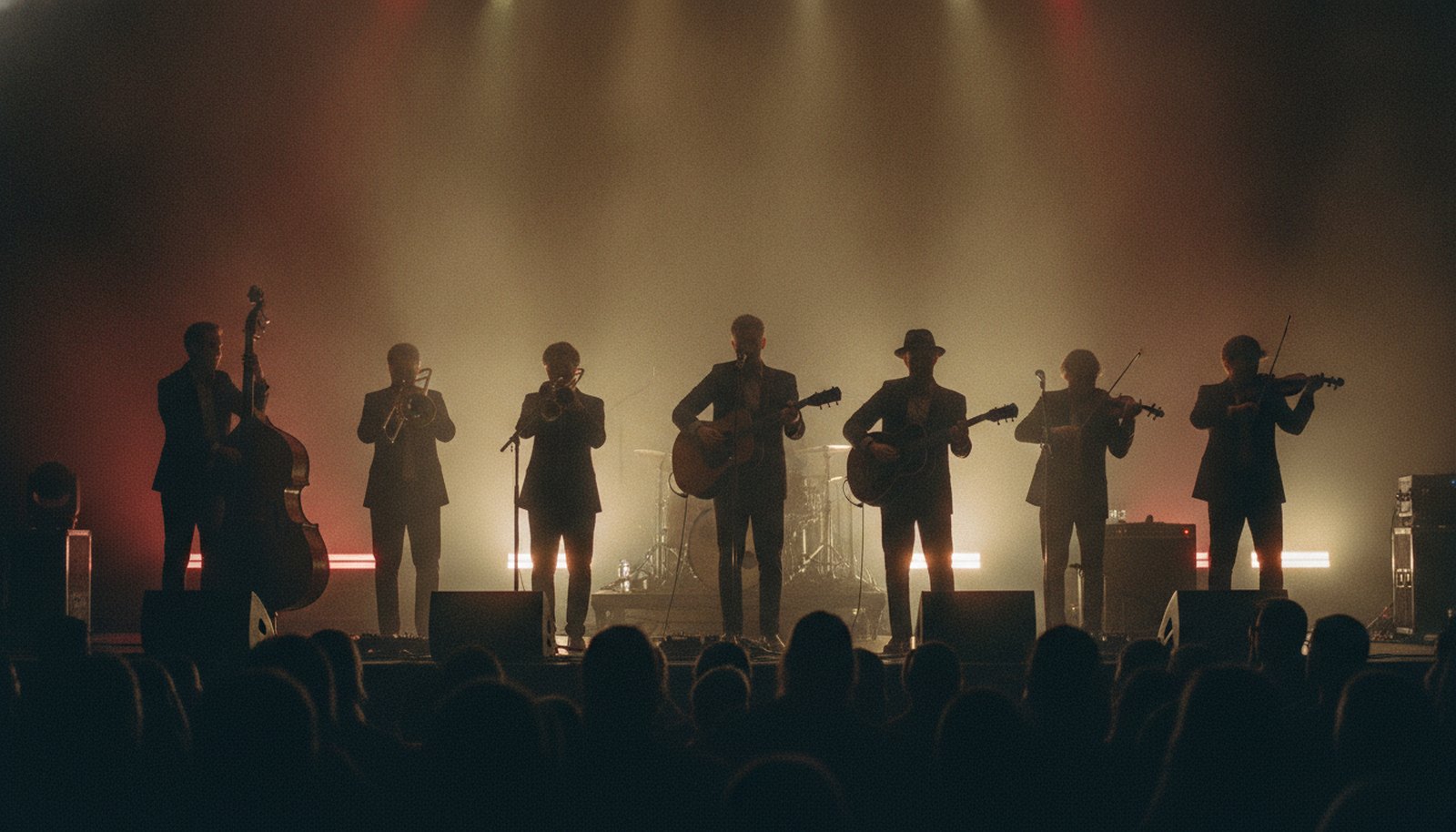 A seven-piece vintage swing-Americana band in silhouette on a warmly lit stage