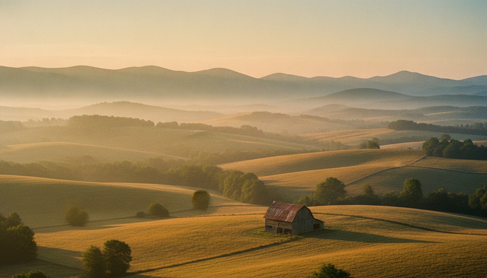 The Shenandoah Valley in Virginia at golden hour, rolling farmland and blue ridgelines