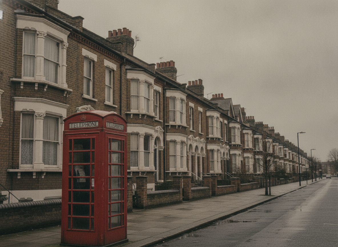 A row of terraced north London houses under a grey sky with a red telephone box in the foreground