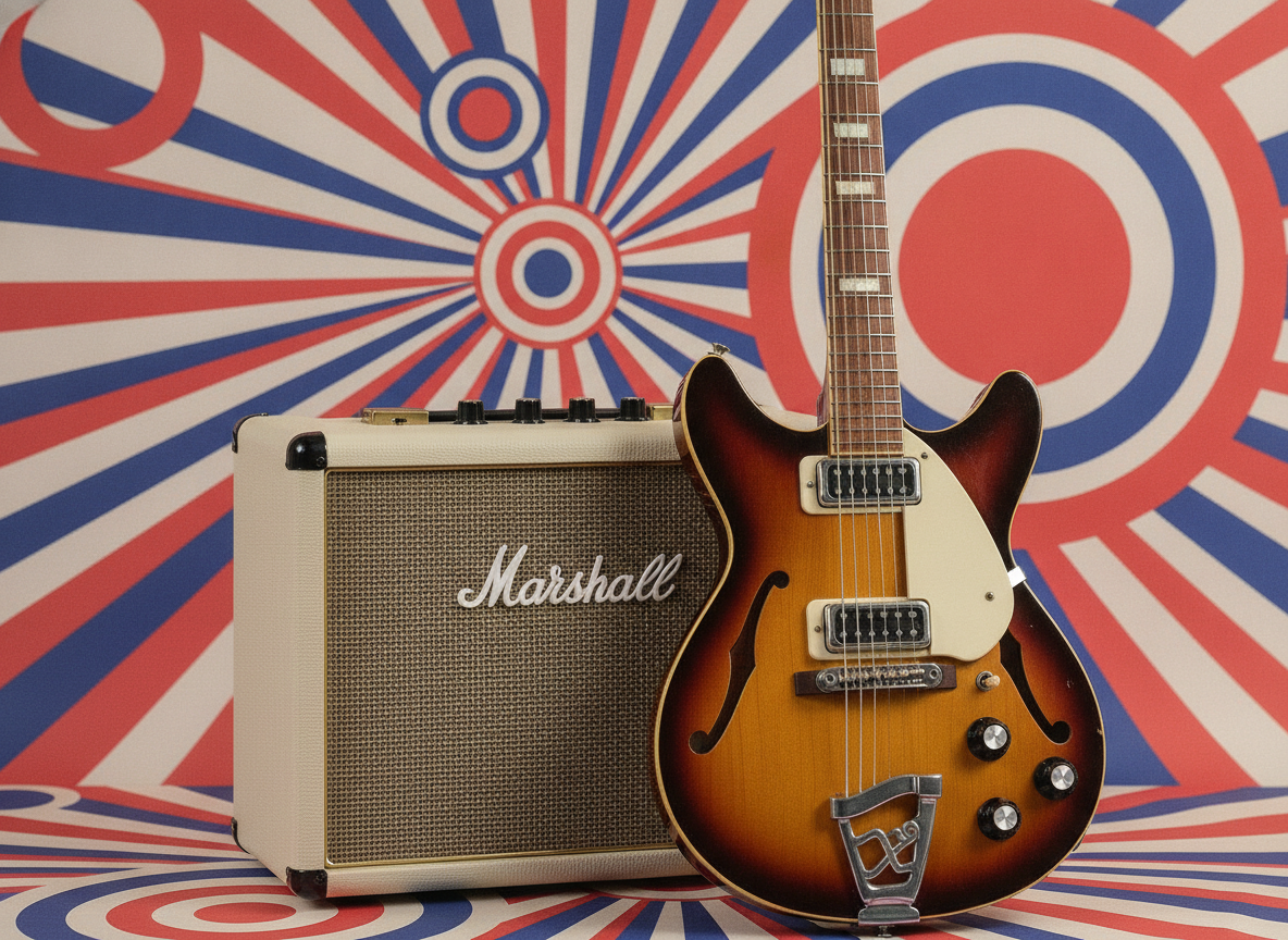 A vintage electric guitar and a small valve amplifier against a British pop-art backdrop of red and blue