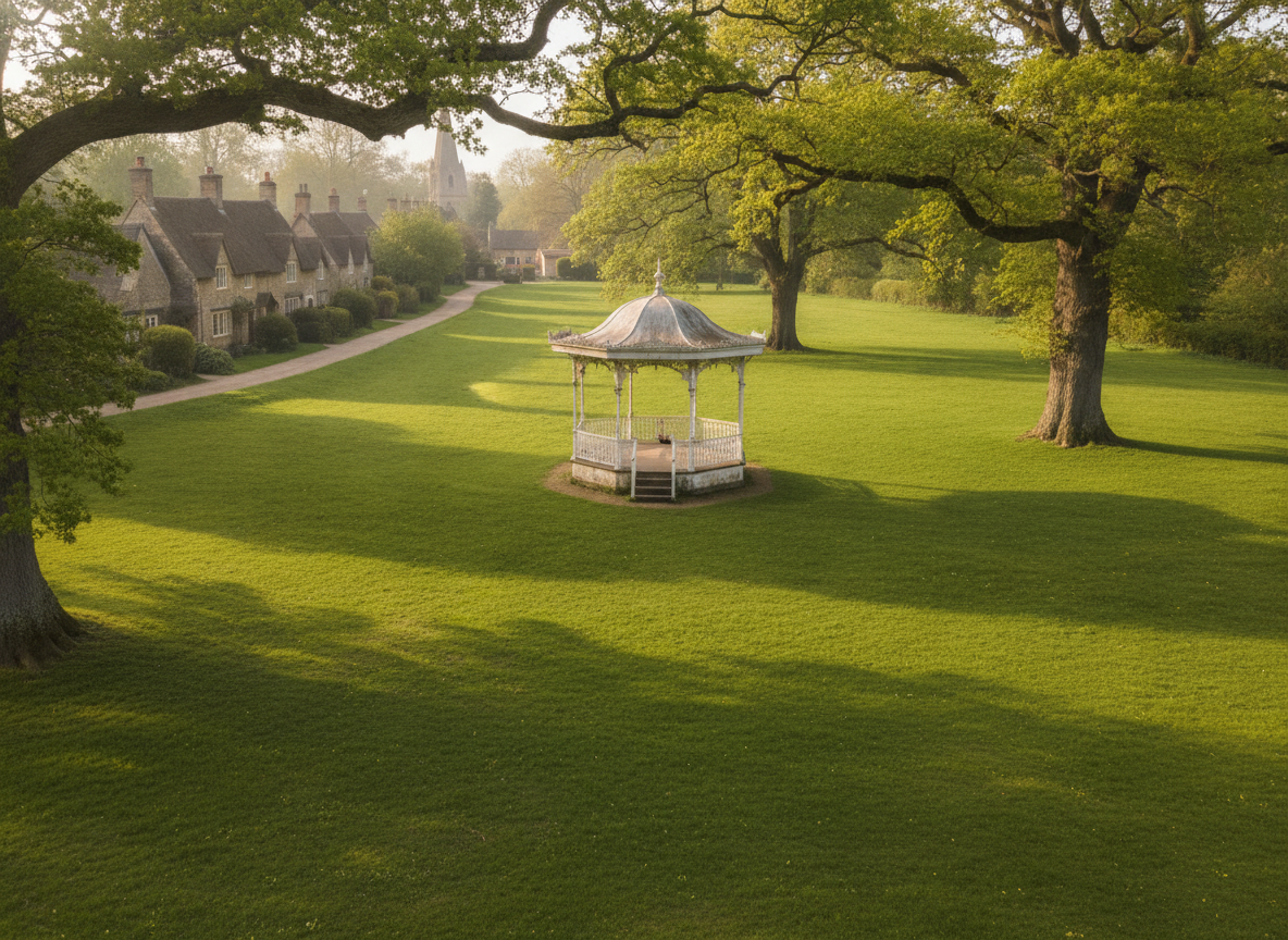 A green English village common with a bandstand and old oak trees under soft afternoon light