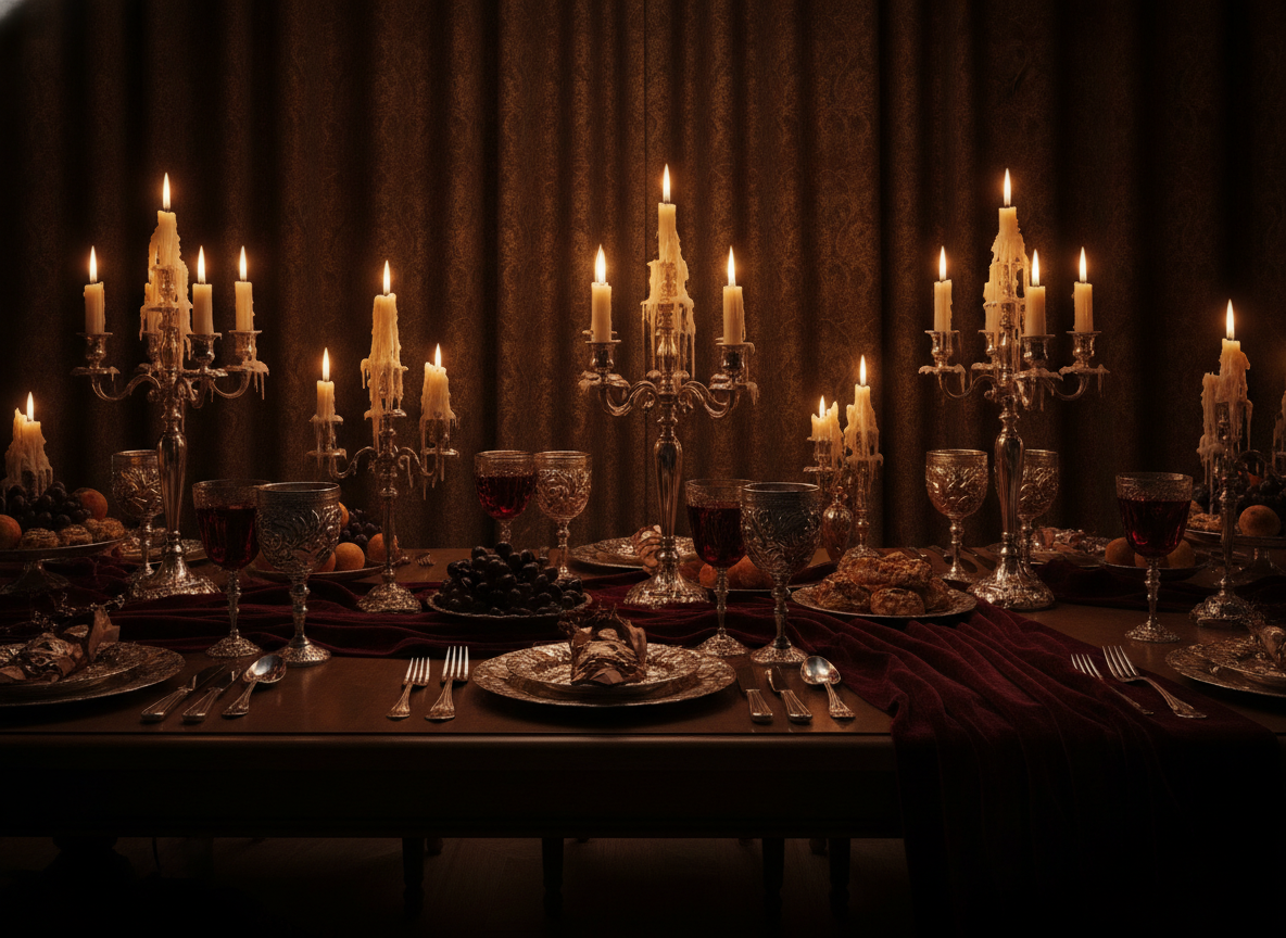 A candlelit banquet table set with ornate silver and dripping wax against deep shadow