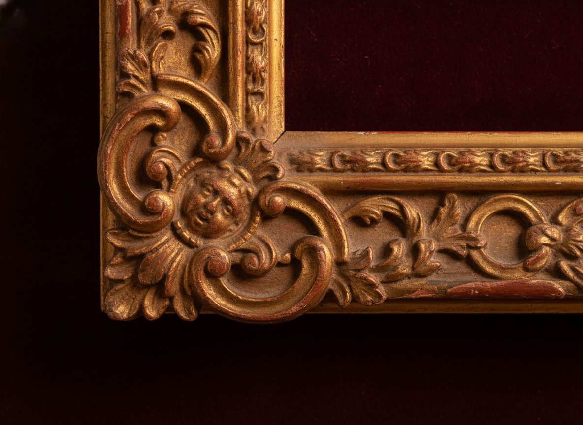 An ornate gilded picture frame and baroque gold detailing catching low warm light