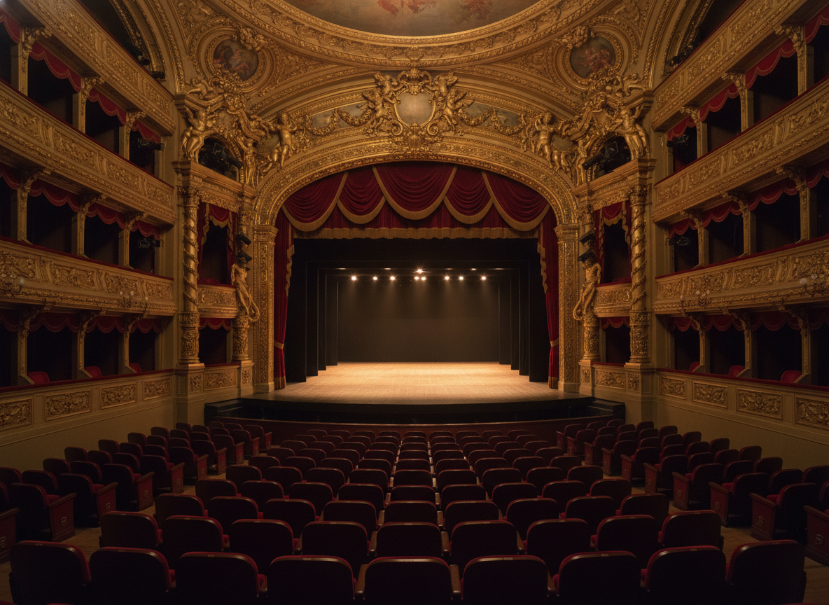 An ornate gilded theater interior with crimson velvet curtains and rows of empty seats
