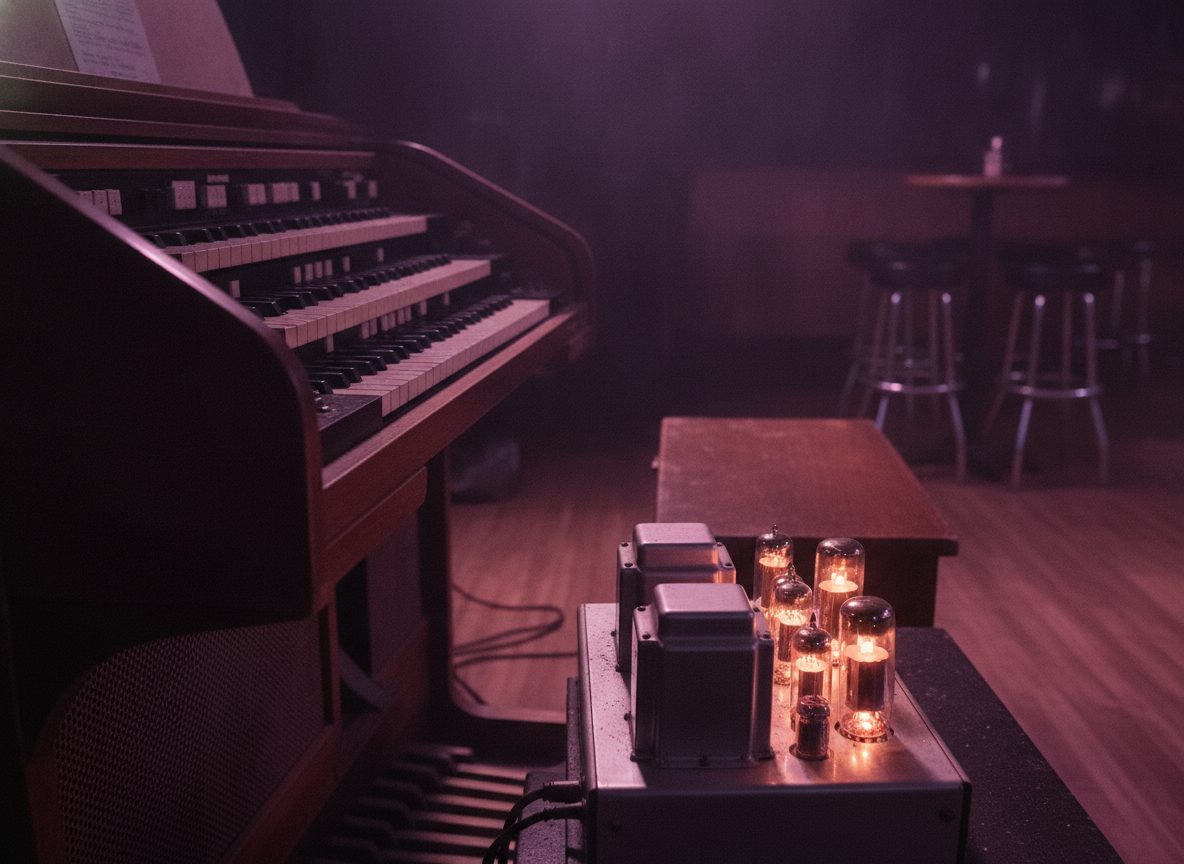A vintage electric organ and warm valve amp glowing under low amber club light