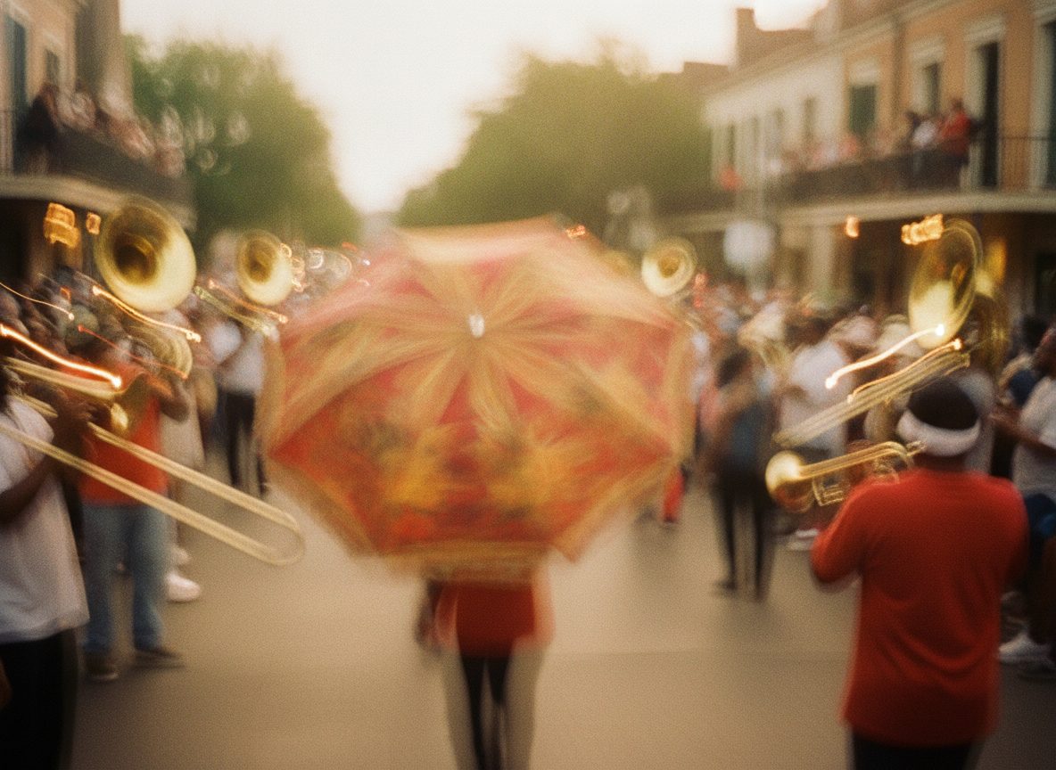 A warm blur of a New Orleans second-line brass parade with a bright parasol under afternoon light