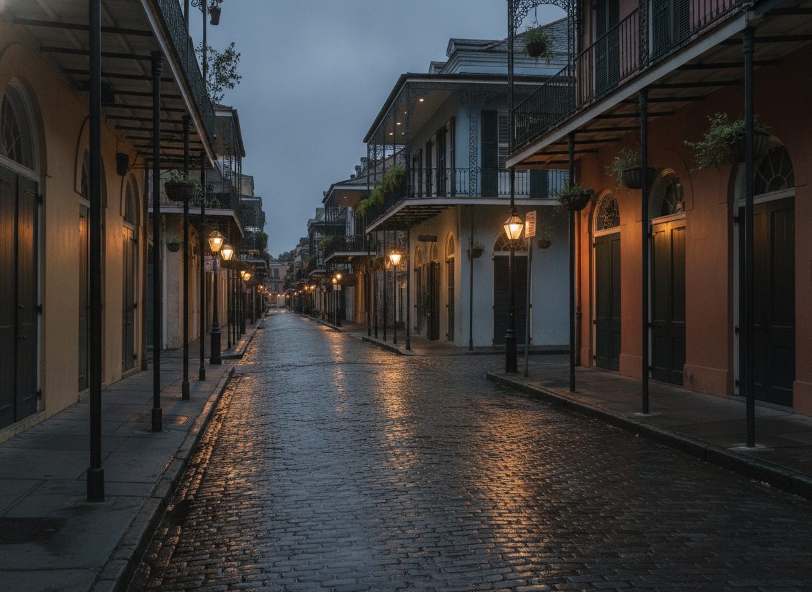 A warm New Orleans street at dusk with wrought-iron balconies and soft golden light
