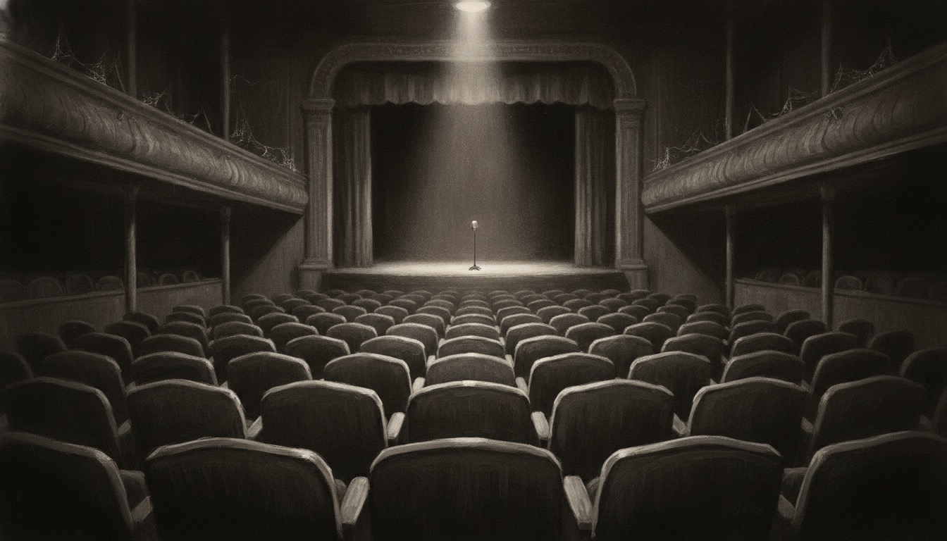 A dim vintage theater interior with empty velvet seats and a small lit stage in moody monochrome