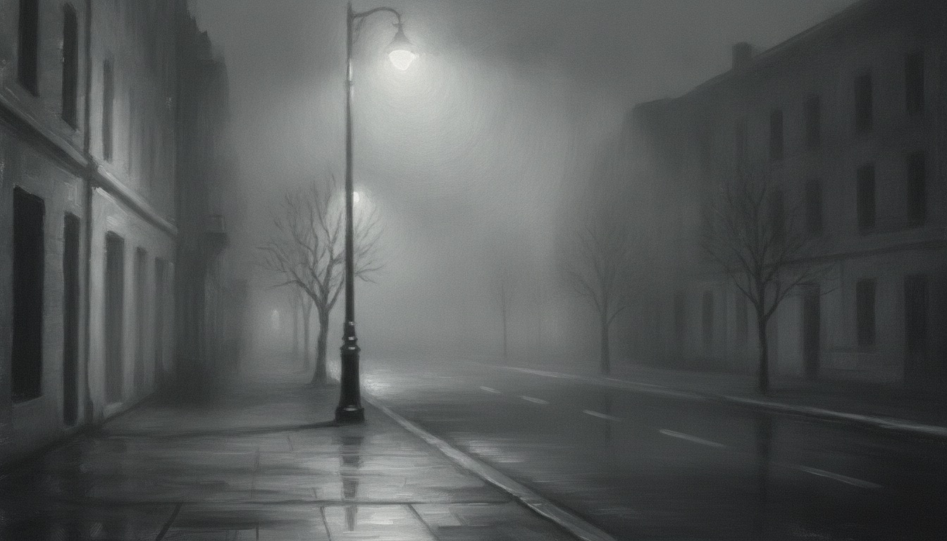 A lone streetlamp on a foggy empty city street at night in silvery monochrome