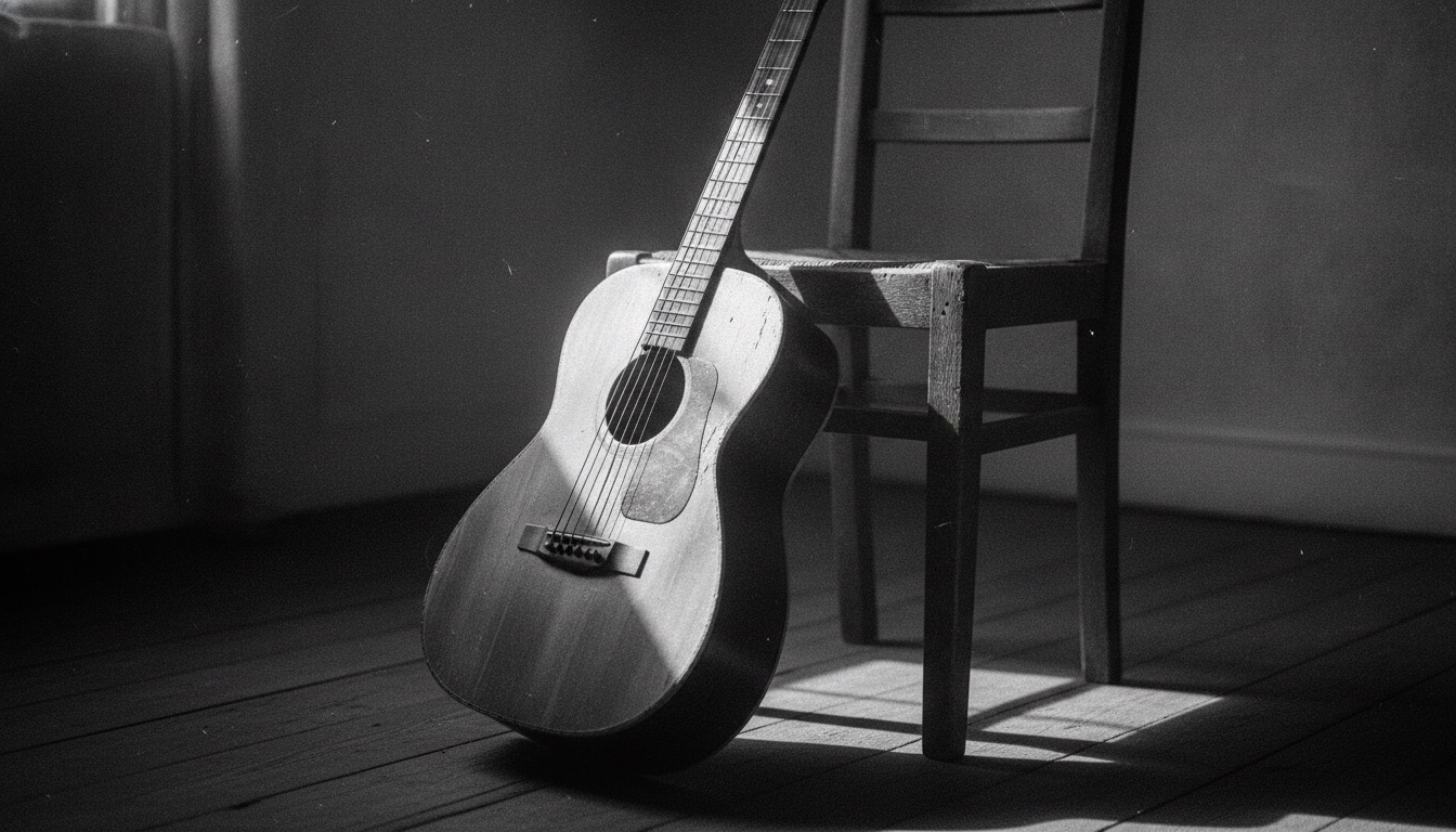 An old acoustic guitar leaning against a wooden chair in a shaft of window light in high-contrast black and white