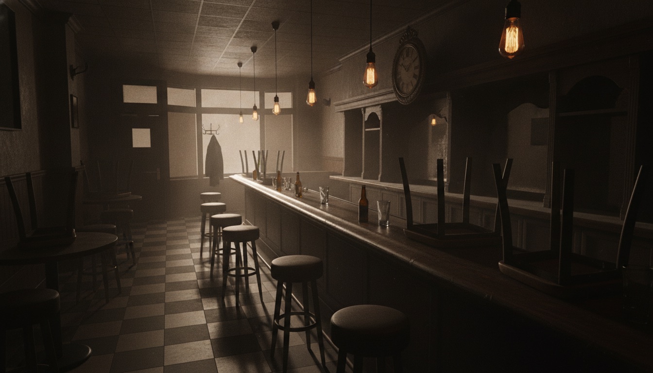 An empty dim bar at closing time with warm low lighting and long shadows, melancholic