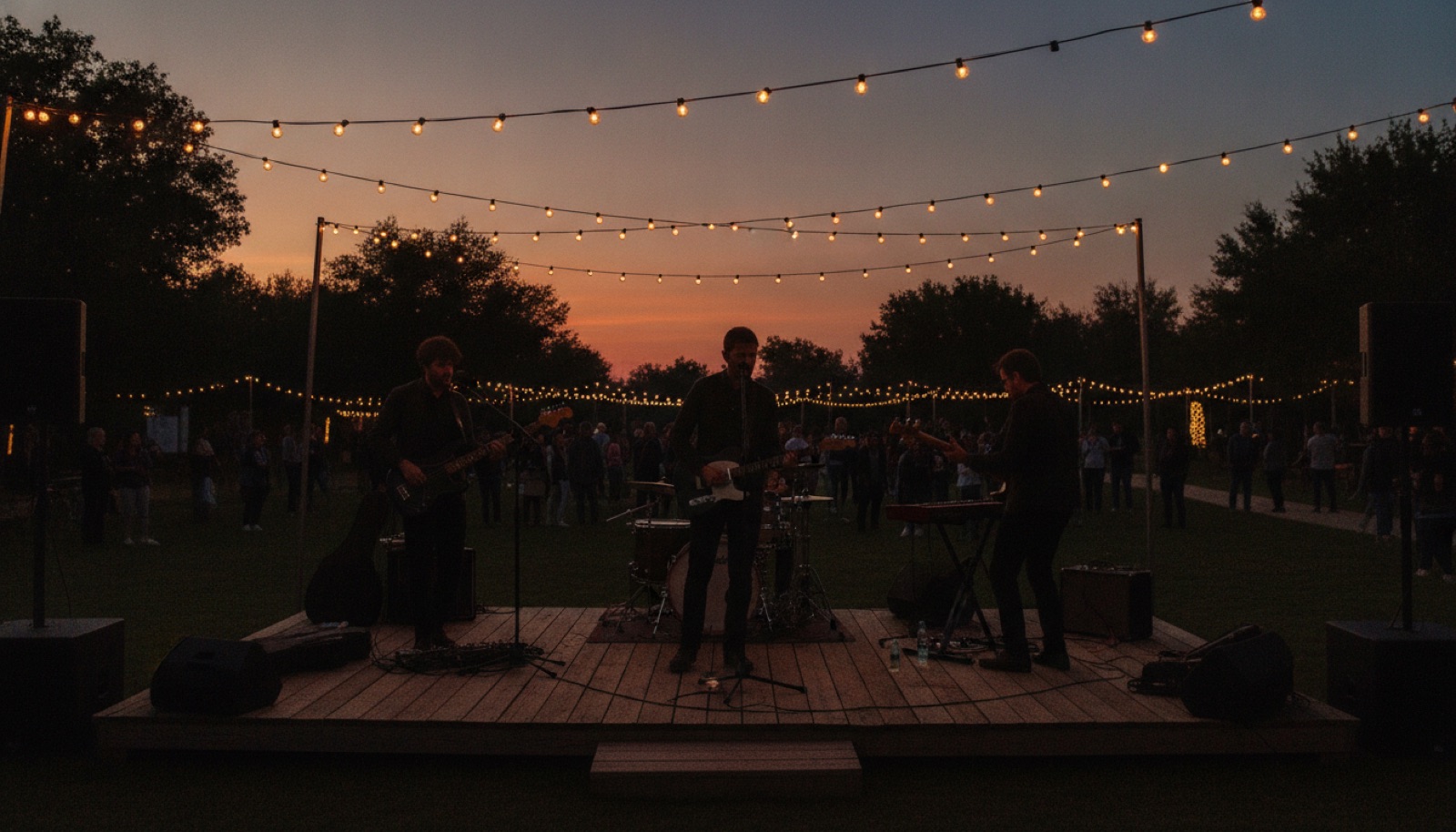Four musicians silhouetted on a small outdoor stage under string lights at dusk