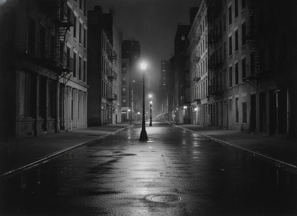 A rain-slicked downtown New York street at night in stark black and white, empty sidewalks under a single streetlamp