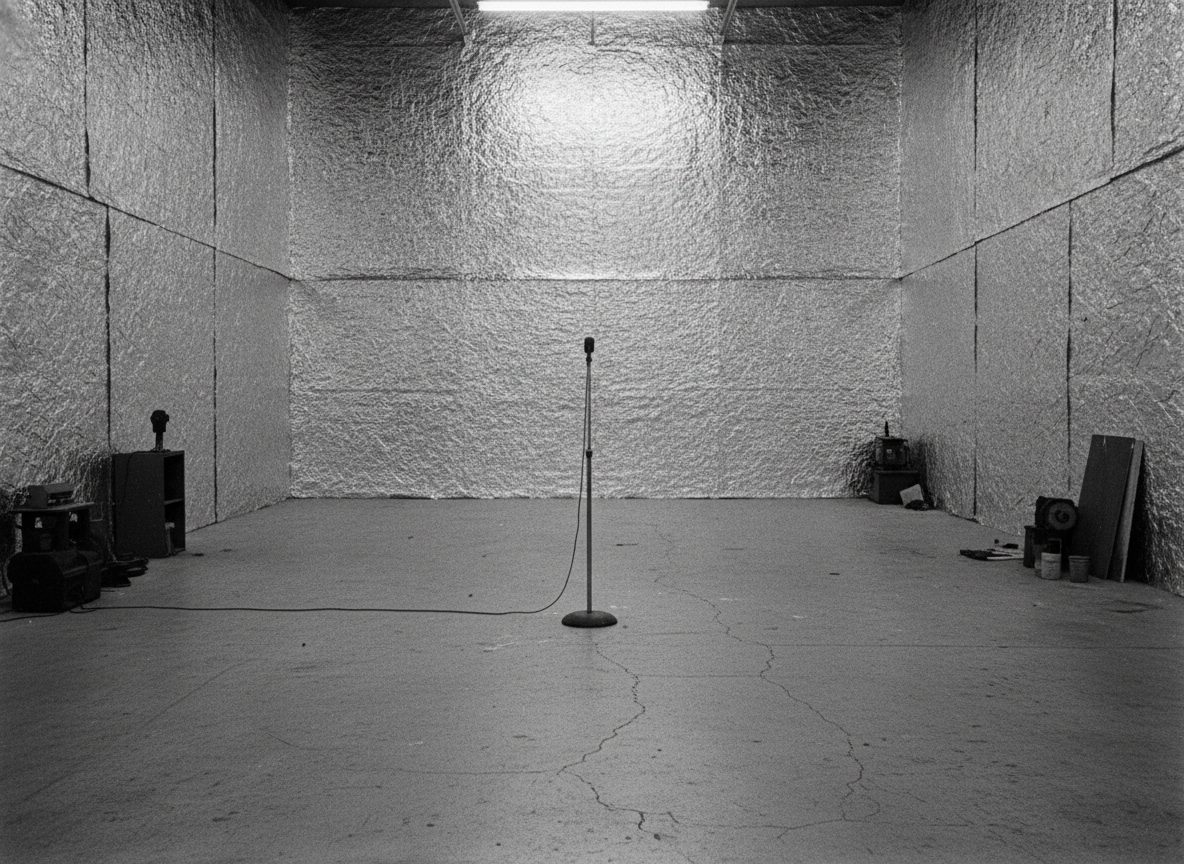 A stark loft studio interior with mirrored foil on the walls catching hard light, an empty microphone stand at center