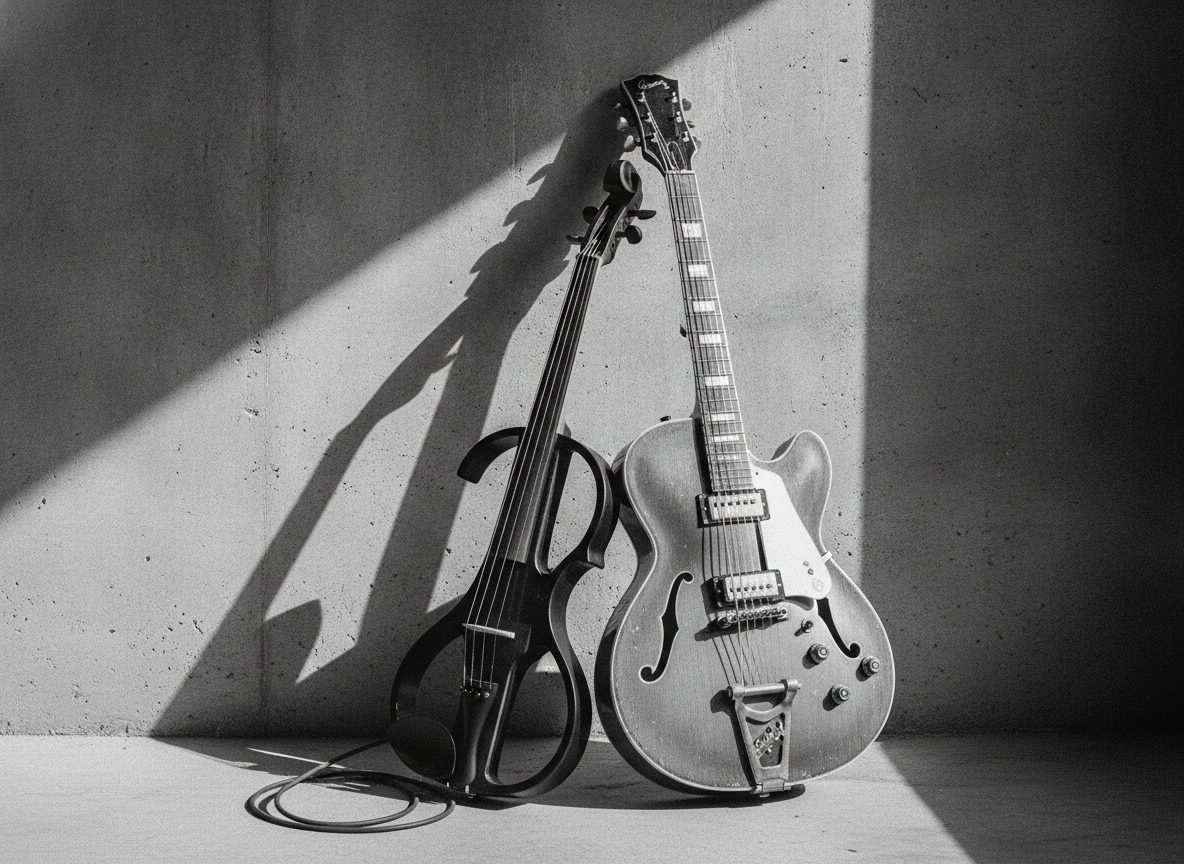 An electric viola and a hollow-body guitar leaning together in raking black-and-white light against a bare wall