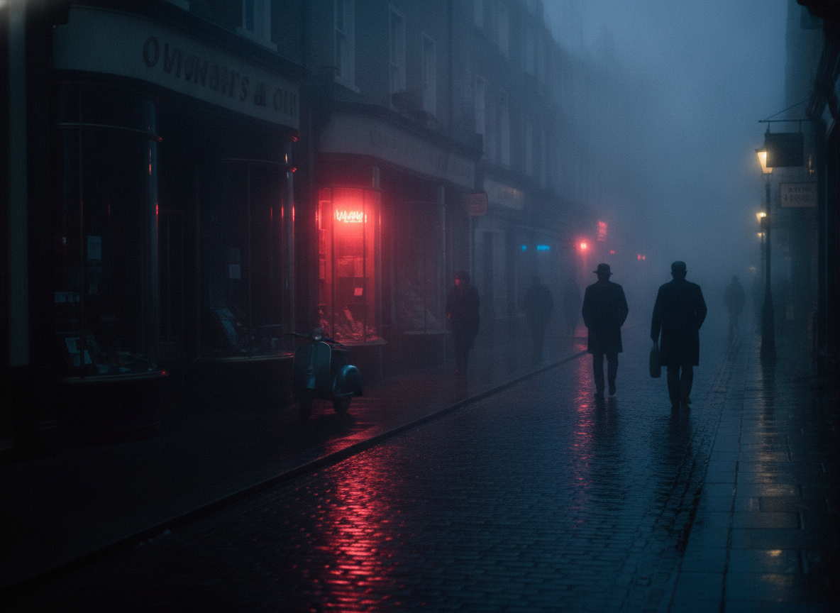 A moody 1960s London street scene at dusk with wet pavement and vintage signage