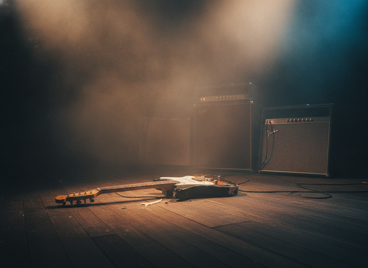 A smoke-filled 1960s stage with a shattered electric guitar lying under hot spotlights