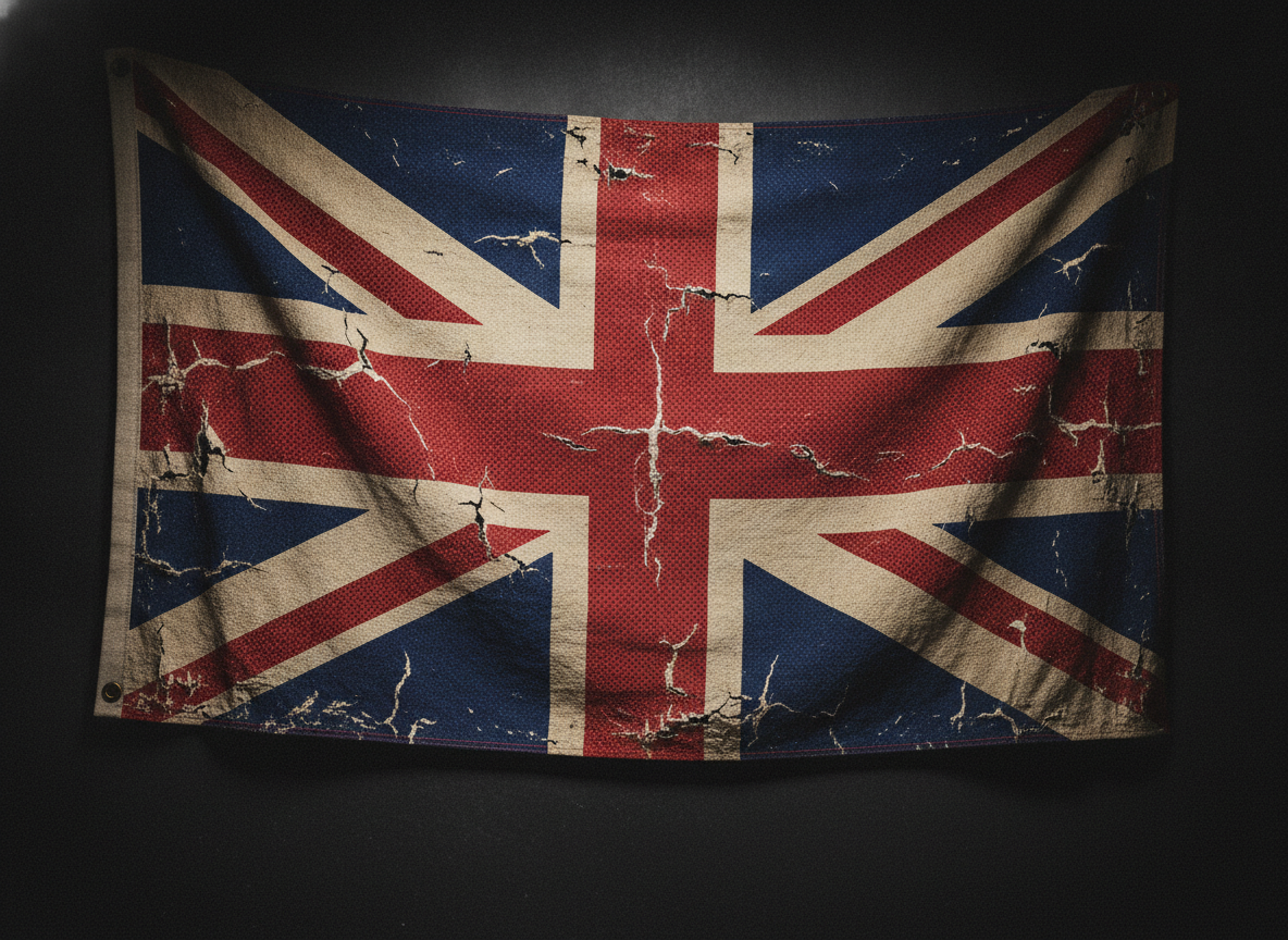 A weathered pop-art Union Jack in bold red, blue, and bone tones against a dark backdrop