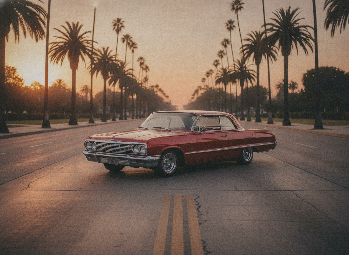 A polished vintage lowrider car parked at golden hour on a wide Southern California boulevard