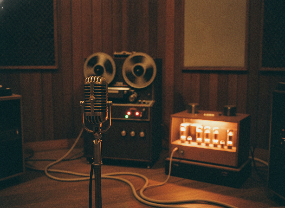 A warm dim vintage recording studio with an old ribbon microphone, tape machine, and amp glowing under soft light