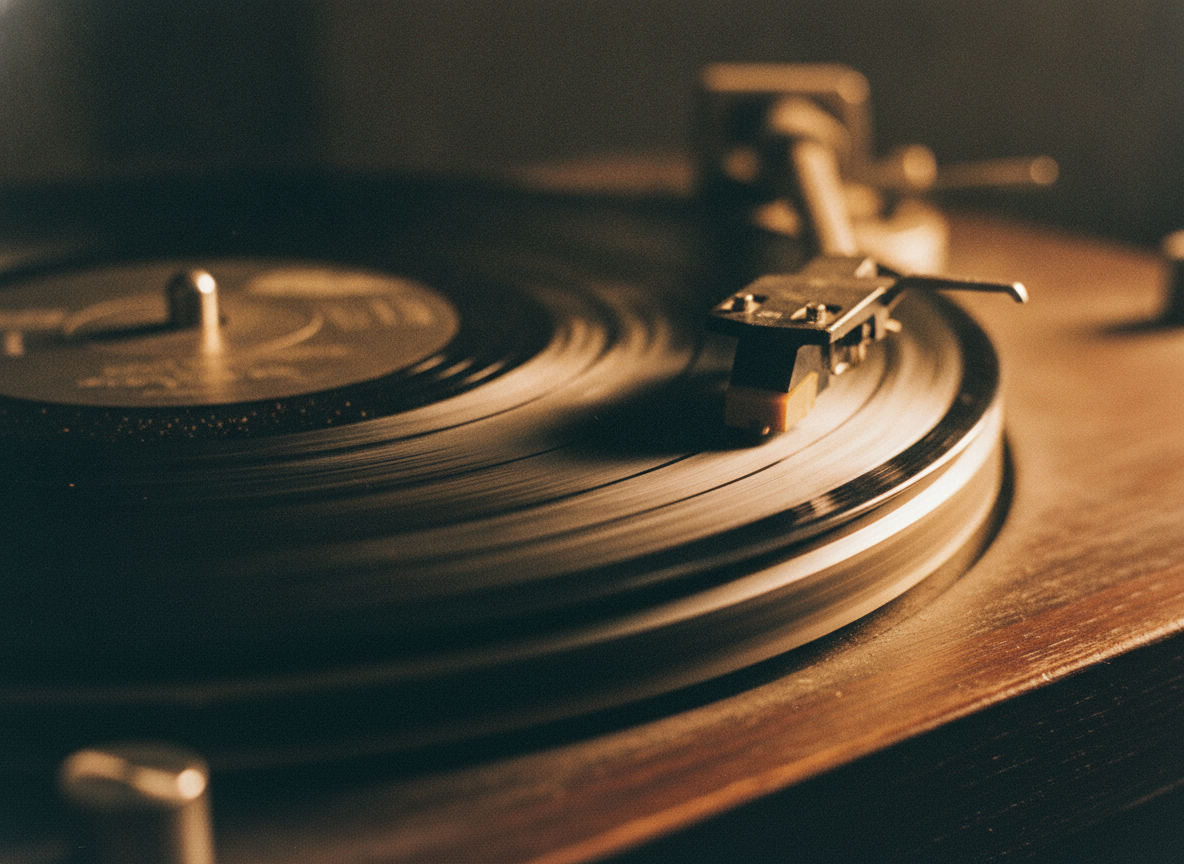 A warm close-up of a vintage vinyl forty-five spinning on a turntable under soft amber light