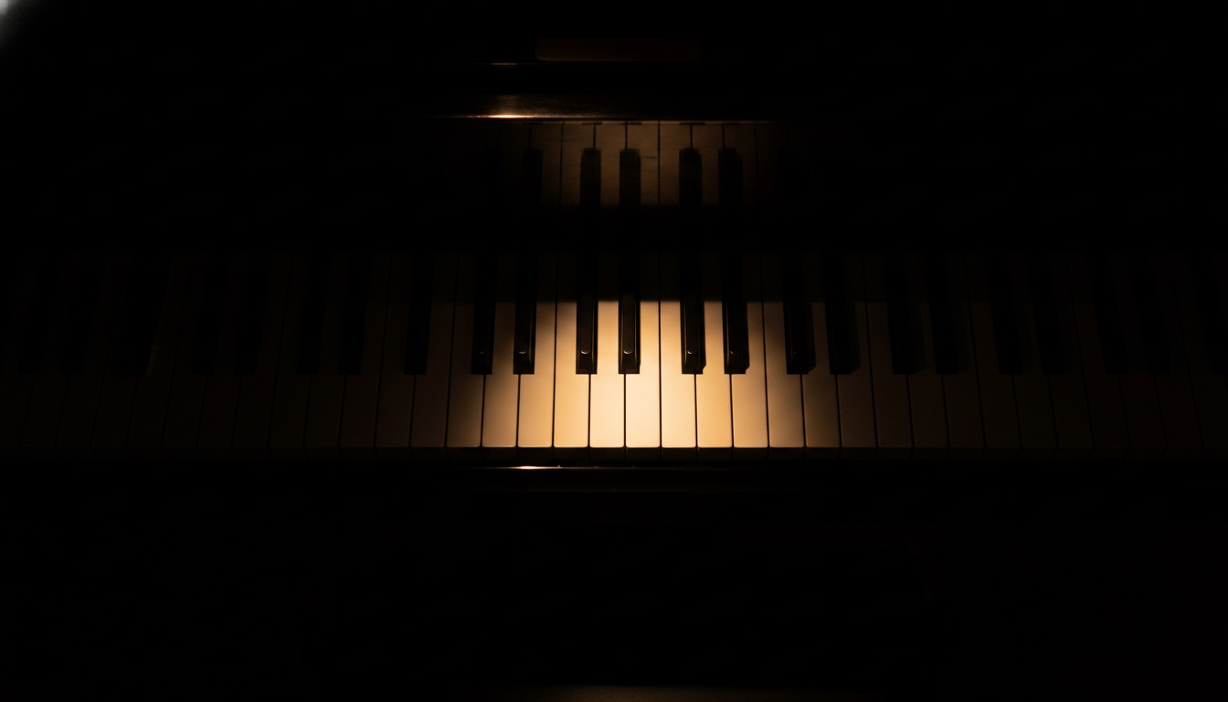 A grand piano keyboard shot from above in dramatic low light, a few keys catching a warm spotlight