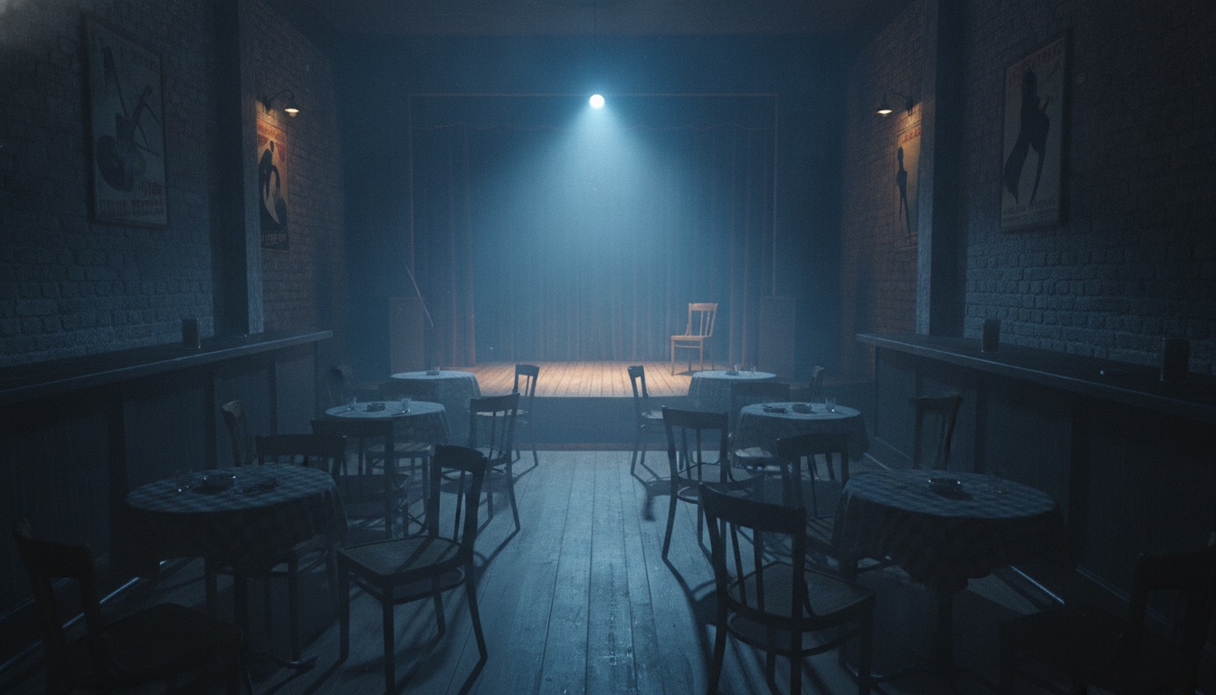 A dim, smoky 1950s jazz club interior with a small stage, empty chairs, and moody blue light