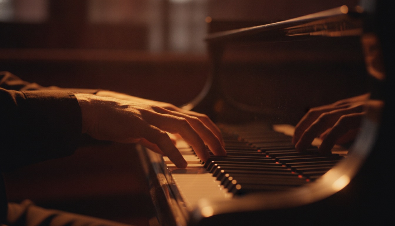 A close-up of hands on piano keys under warm light, mid-gesture, with deep shadows around