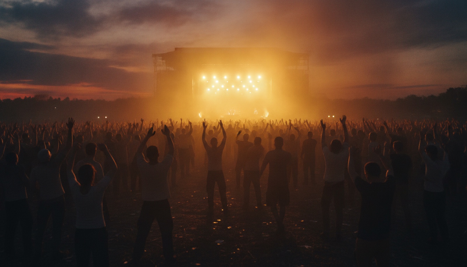 A large outdoor concert crowd silhouetted against amber stage lighting at dusk